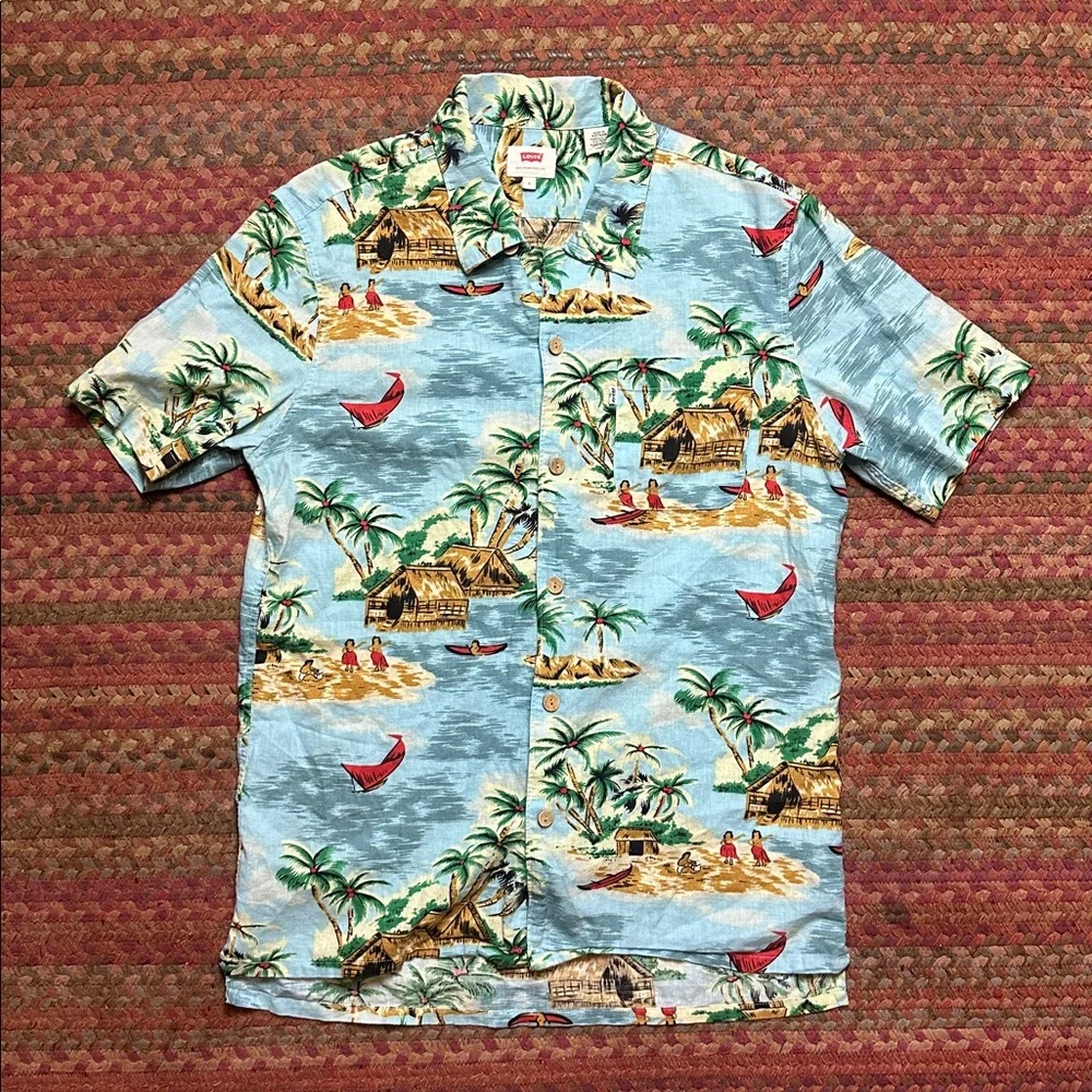 LEVIS PALM TREE ISLAND PRINT LINEN BLEND VACATION BUTTON UP SHIRT Hawaiian